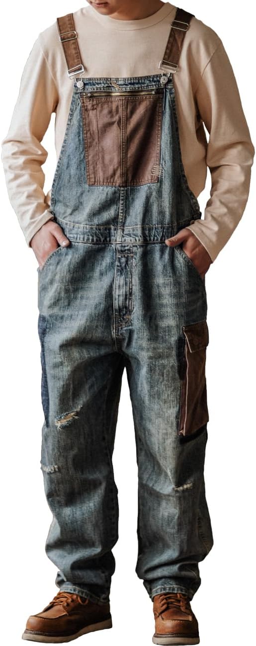 Rexcyril Men's Baggy Denim Bib Overalls Vintage Distressed Jumpsuit