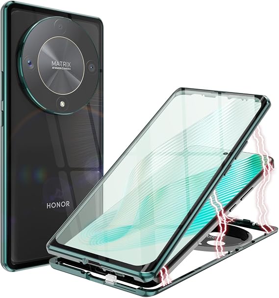 QUIETIP Case Compatible with Honor Magic 6 Lite & Honor X9b 5G,Magnetic Body Metal Frame Double Sided Clear Tempered Glass Shockproof with Camera Protection Cover Thin,Green