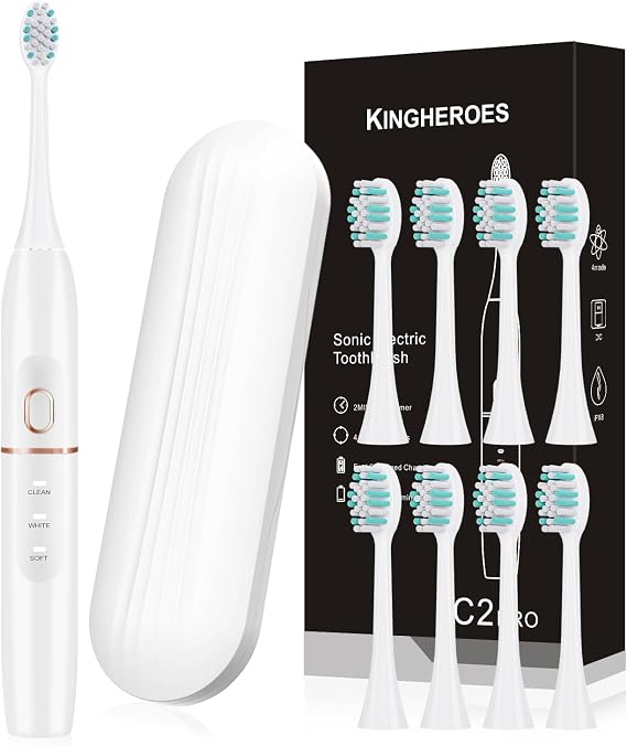 kingheroes Electric Toothbrush Set,  with 8 Brush Heads & Travel Case,4 Modes with 2 Minutes Built in Smart Timer, One Charge for 60 Days, 42000 VPM Motor (White)