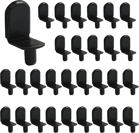 L-Shaped Shelf Pins Support Pegs, Black, 1/4", 30 Pcs | Clips Glass Supports, Bracket Style, Rubber Sleeve, For Furniture Cabinet, Kitchen, Closet