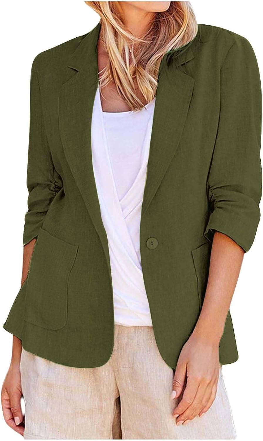 Linen Blazers for Women Work Casual Summer Lightweight Jacket Plus Size Ruched 34 Sleeve Suit Jackets Office Outfits