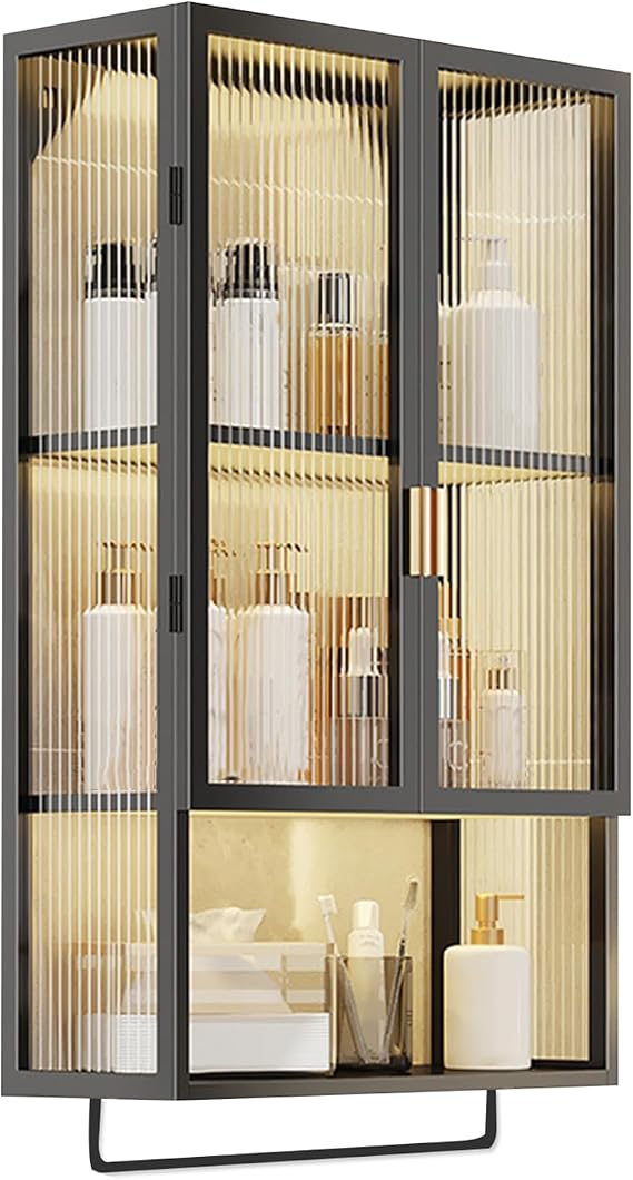 Bathroom Wall Cabinet, Metal Medicine Cabinet with Glass Door, Wall Mounted with Towel Bar, Detachable Shelves, Over The Toilet Storage Cabinet, Black, 40*14.5*70cm/15.7*5.7*27.5in