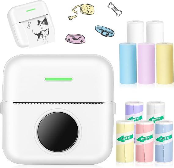 Sticker Printer, Portable Thermal Inkless Printer with 10 Rolls Printing Paper, Print Pods, Mini Printers for Journal, Notes, Kids Gift, Compatible with Android & iOS