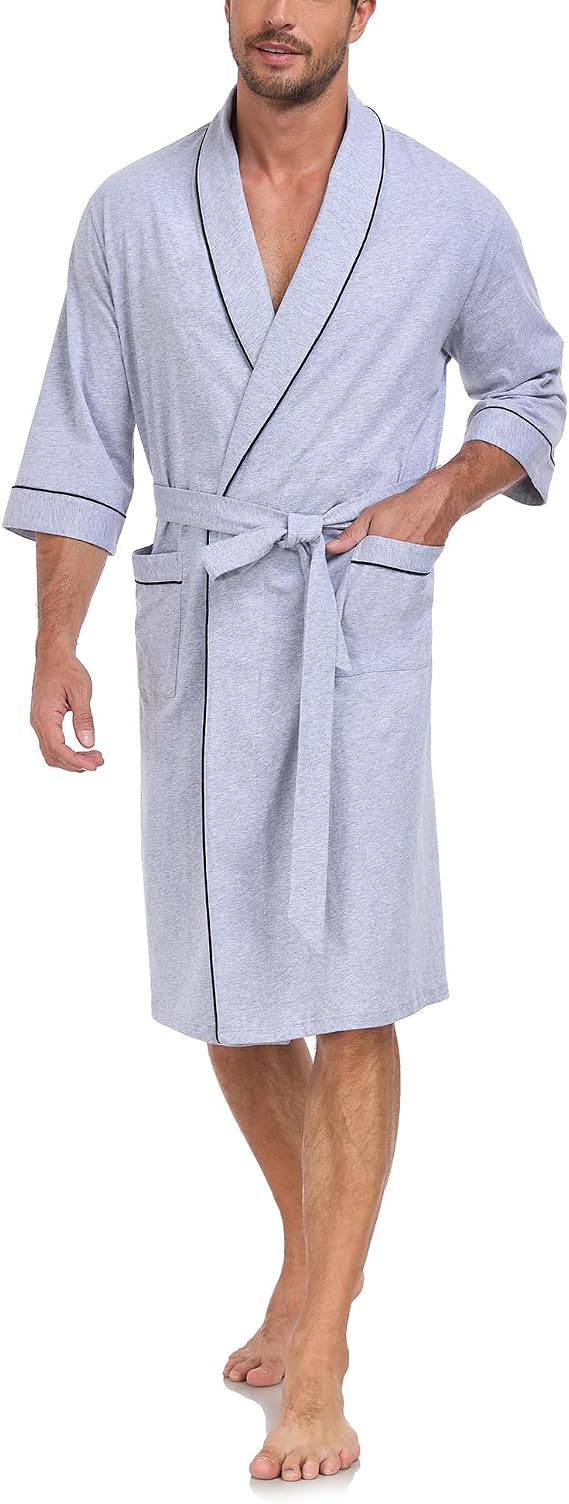 EA'S SECRET 100% Cotton Men's Lightweight Robe Summer Short Sleeve Bathrobe Soft Knee Length Robe with Pockets