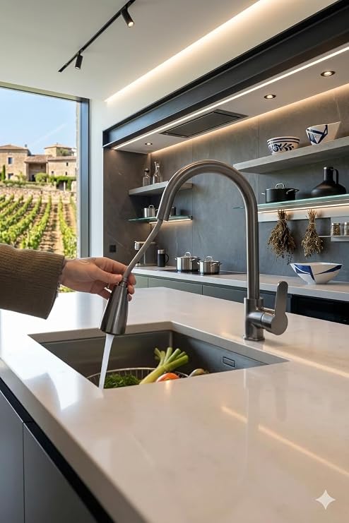 Pirinç Spiralli Mutfak Bataryası, 360 Derece Döner Başlıklı ve Çift Fonksiyonlu Püskürtmeli, Ağır Hizmet Tipi Esnek Hortumlu, Kolay Montaj