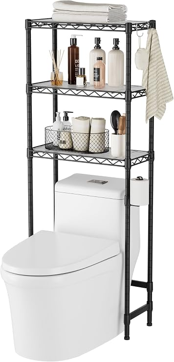 Over The Toilet Storage Shelf 3-Tier Bathroom Organizer and Storage Shelf | with Adjustable Shelf and Basket Freestanding Space Saver Above Toilet for Room Black