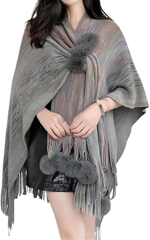 KirGiabo Womens Poncho Shawl Wrap Sweater Cape with Tassels Pompoms