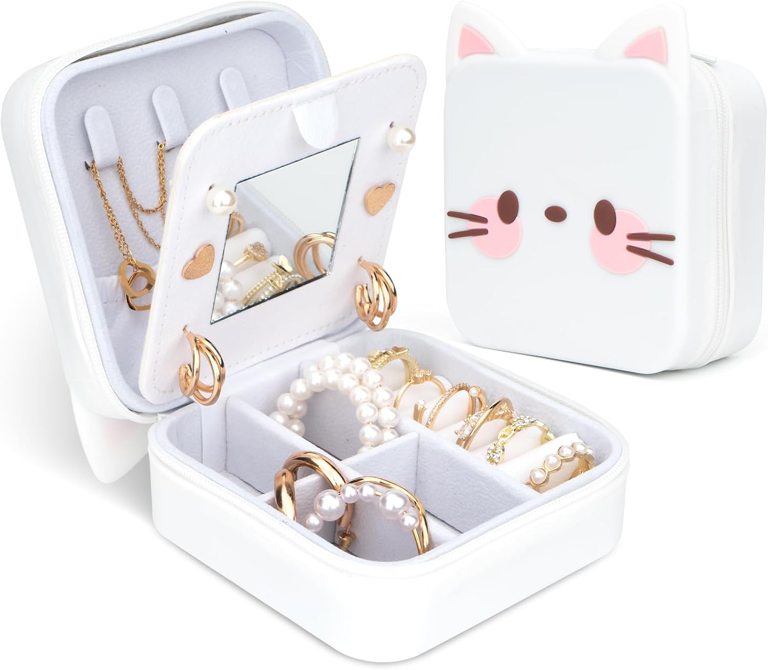 Cute Cat Travel Jewelry Case with Mirror, Silicone Portable Small Mini Jewelry Organizer Box for Women Girls Mom, Wedding, Birthday Gift - White