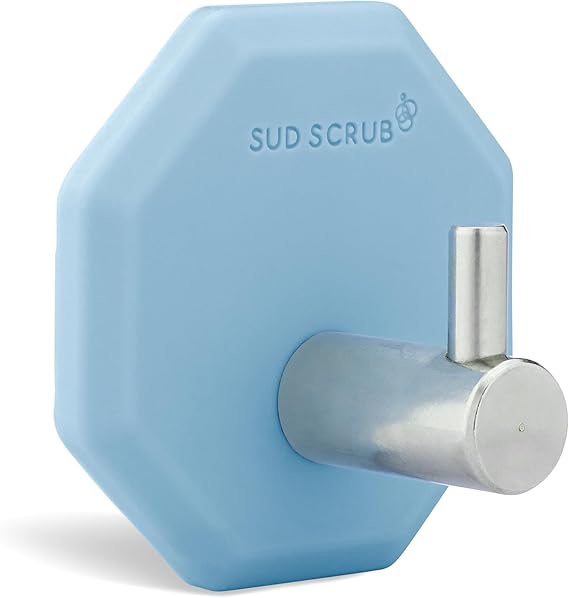 Sud Scrub Antimicrobial Shower Hook, Self Adhesive Hooks for Shower Wall, Heavy Duty Removable Wall Hooks, Stick On Hooks for Hanging, Bathroom Towel Hook (Blue)