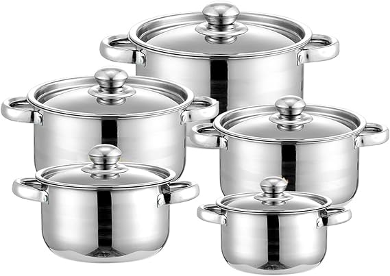 10-Piece Kitchen Pot and Pan Set Non Stick Stainless Steel Cookware Set Kitchen Aid Classic Cooking Set with Lids Soup Pot Compatible with All Cooktops(Gas, Electric & Induction),Silver