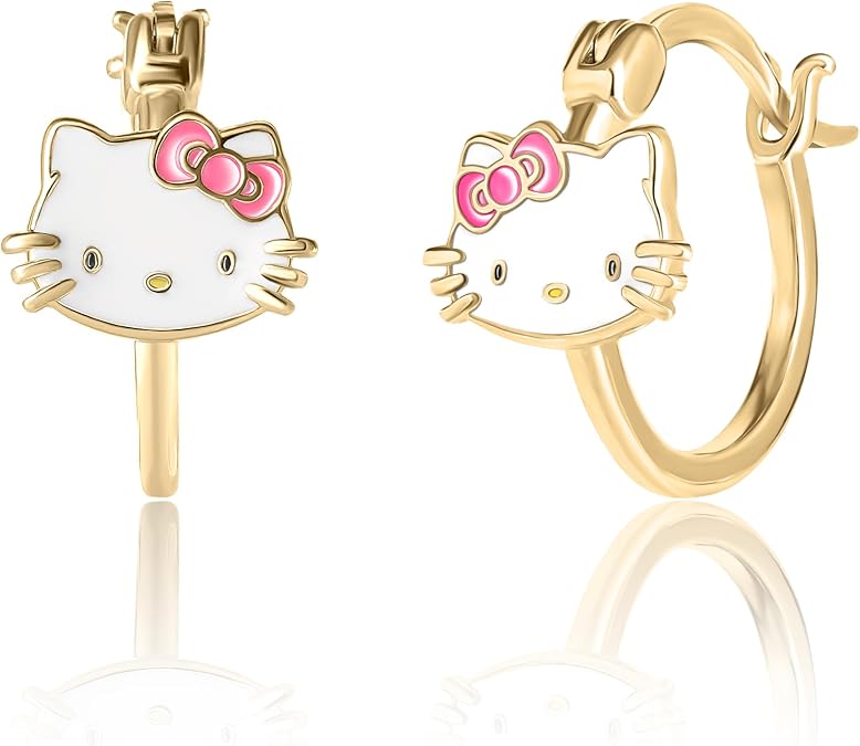 Hello Kitty Womens Hoop Earrings - Sterling Silver and Enamel Hello Kitty