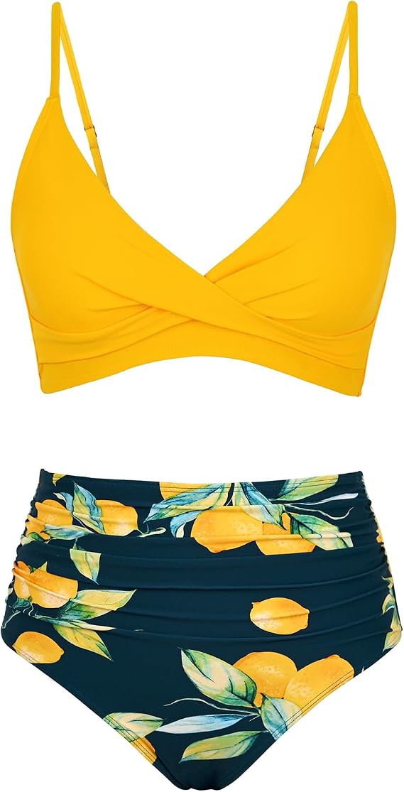 Amy Babe Women's High Waisted Bikini Sets Push Up Twist Front Spaghetti Straps Ruched Two Piece Swimsuit Bathing Suit