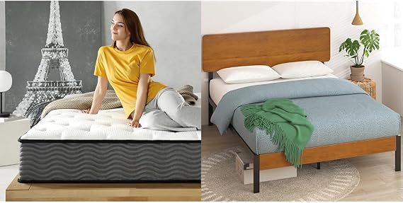 Zinus 10" Hybrid Mattress & Olivia Metal Bamboo Platform Bed Frame, Queen