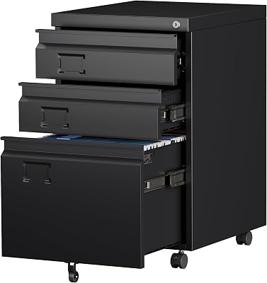 SUXXAN 3 Drawer Under Desk Mobile File Cabinet with Lock, Metal Storage Cabinet for Office & Home, LegalLetter Size, Fully Assembled Except Wheels, Black