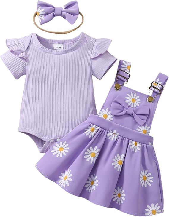 Baby Girl Summer Outfit Ribbed Bodysuit Floral Suspender Dress Set