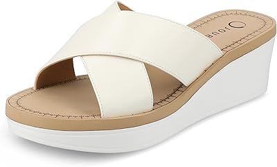Journee Womens cushioned footbed Faux Leather Sandals Wedge Sandals Biara Crossover Straps Open Toe