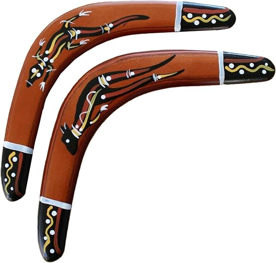 Hand Crafted Australian Made 29cm Wooden Boomerang Twin Pack | Hand Painted Kangaroo Cultural Art | Marine 5-Ply Plantation Timber | Adult Sport & Decorative Display
