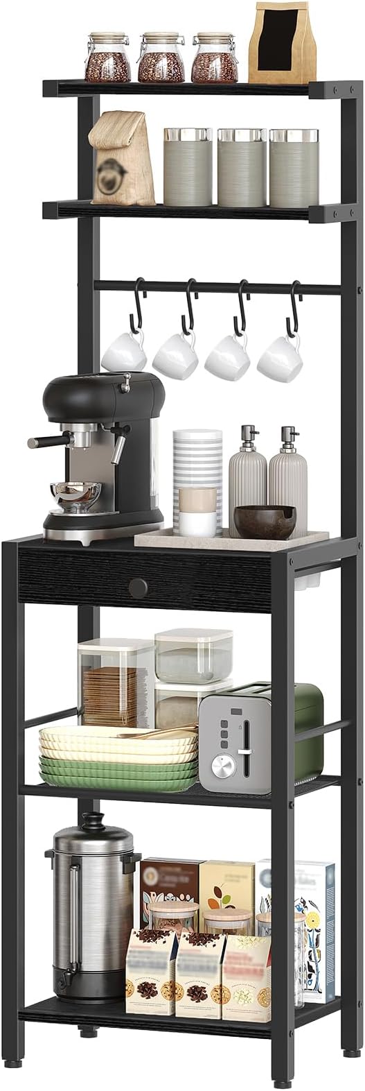 YATINEY Bakers Rack, 5-Tier Coffee Bar Station, Coffee Stand with Pod Drawer Holder, Versatile Kitchen Storage Rack with 4 Hooks, for Living Room, Cafe Corner, Black KF01BB