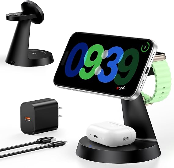 3 in 1 Magnetic Charging Station for iPhone 17-12 Series, iWatch &AirPods | 15W Wireless Charger Compatible with MagSafe, for Multiple Apple Devices, QC Adapter Included, Built-in Heat Dissipation