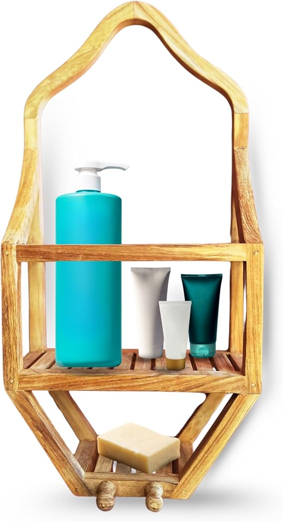 NORDIC STYLE TEAK Wood Natural Hanging Shower Caddy with Storage Shelves, Water Resistant, Easy to Place, Solid Teak Wood, Shower Accessory (Natural Viur)