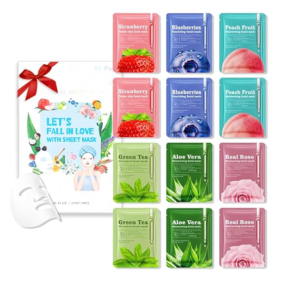CAKAILA Face Sheet Mask Skincare,Hydrating Spa Face Mask For Sensitive Skin,Moisturize,Nourish for All Skin Types,Natural Skin Care Spa Face Mask for Women Men,Pack of 12