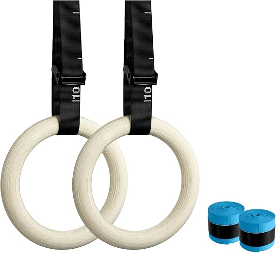 32mm Wooden Gymnastic Rings, Quick Adjust Numbered Straps | solid wood rings, portable design, strength training, calisthenics, home gym & travel workout