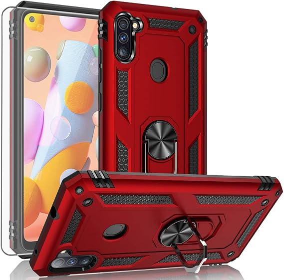 for Galaxy A11 Case,with HD Screen Protector,[Military Grade] Ring Car Mount Kickstand Hybrid Hard PC Soft TPU Shockproof Protective Case for Samsung Galaxy A11 (Red)