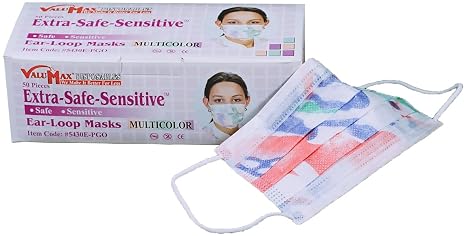 5430E-PGO Extra-Safe-Sensitive Disposable Earloop Face Masks, Cellulose Inner Layer, High Filtration, Multicolor PGO, Box of 50