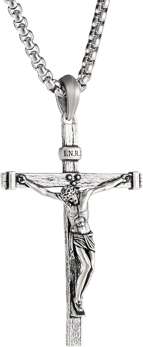BGCOPPER Sterling Silver Crucifix Pendant for Men, Catholic Jesus Cross Necklace for Women, 925 Sterling Silver Crucifix Necklace with Jesus Religious Gift for Easter Christmas