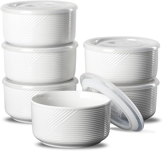 Ceramic Bowl with Lid, Microwave Safe - 20 oz White