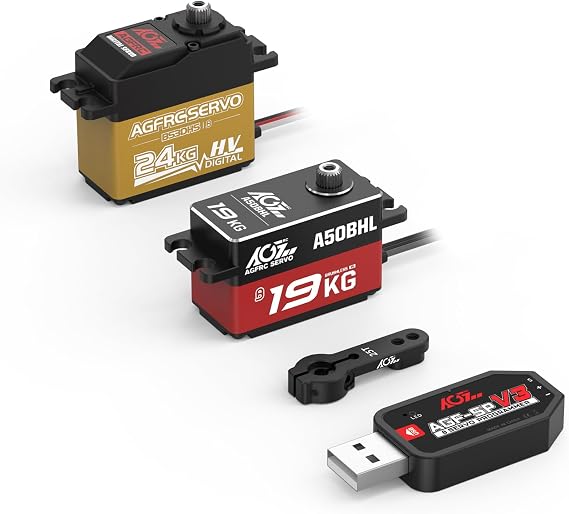 AGFRC A50BHL 19KG RC Low Profile Servo with AGF-SPV3 Servo Programmer and B53DHS 24KG Programmable RC Servo with 25T Metal Servo Horn