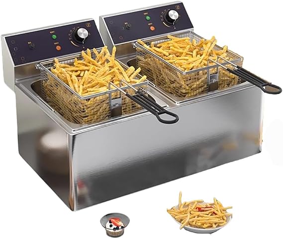 Double Tank Commercial Electric Deep Fryer, Stainless Steel Electric Deep Fat Fryer with Thermostat, Large Double Fryer, 3000W X 2, Non-Stick Removable Oil Container And Basket,24l