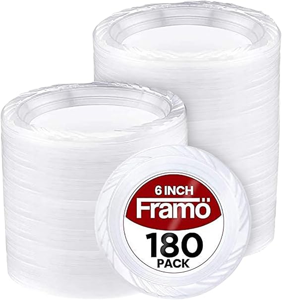 Framo Disposable Clear Plastic Plates In Bulk for Party and Dinner,And For Any Occasion, Microwaveable, BBQ, Travel, and Events (6 Inch 180 Count)