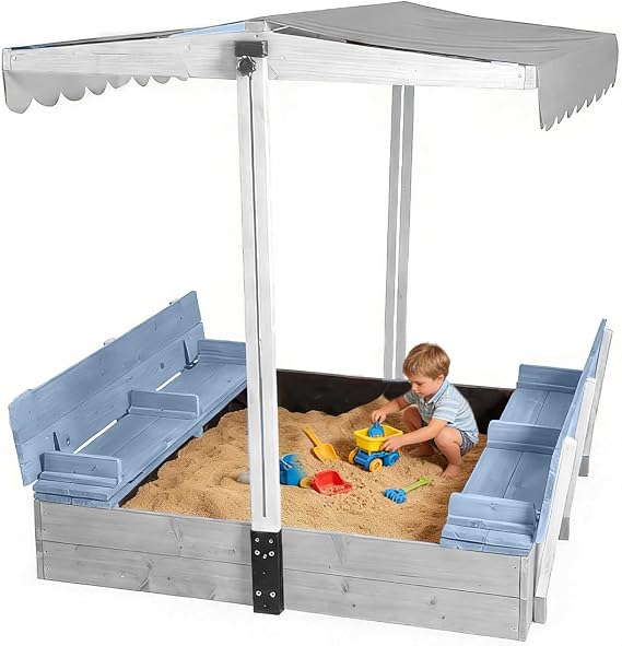 Sandbox with Lid Outdoor Sandboxes with Cover Wooden Foldable Bench Seats with Canopy for Kids Large Sandy Box with Adjustable-Height Roof 47.2" L 47.2" W (Blue)