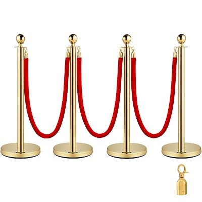 BestEquip 4PCS Gold Stanchion Posts Queue, 38 Inch Red Velvet Rope, Crowd Control Barriers Queue Line Rope, Barriers for Party Supplies