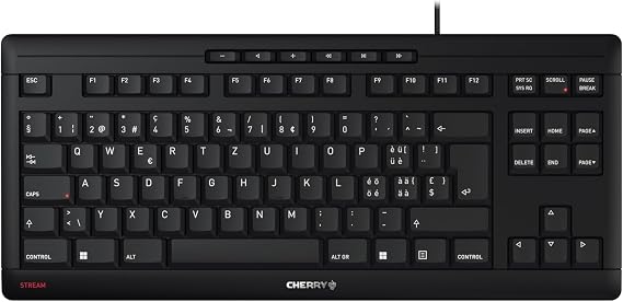 CHERRY STREAM KEYBOARD TKL, Wired Mechanical Keyboard without Numeric Keypad, Swiss Layout (QWERTZ), Silent Typing, Unique Typing Feeling, Black