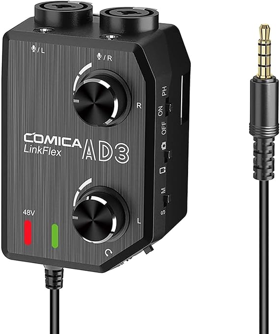 Comica LINKFLEX.AD3 2-Channel XLR/3.5mm/6.35mm Microphone Audio Mixer Preamp with Phantom Power, Real-time Monitoring, Guitar Audio Interface Microphone for DSLR Cameras Camcorders Smartphones Tablets | XLR/3.5mm/6.35mm mic preamp mixer, 48V phantom & stereo/mono switch, real-time monitor, phone/mic playback toggle, compact