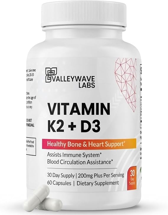 Advanced D3+K2 with Calcium and BioPerine, Bone and Heart Health Support for Women and Men, Vitamin D3 5000 IU+K2 MK7 Capsules, Made in USA, GMP Certified, 3rd Party Tested, 60 Count