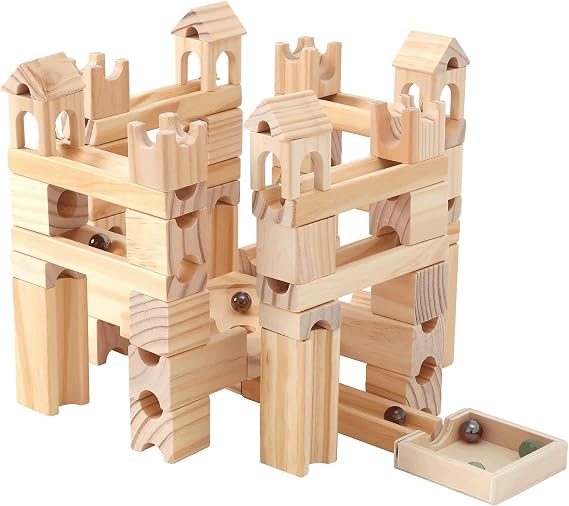 Wooden Marble Run for Kids, 80 Pieces Maze Construction Building Play Set