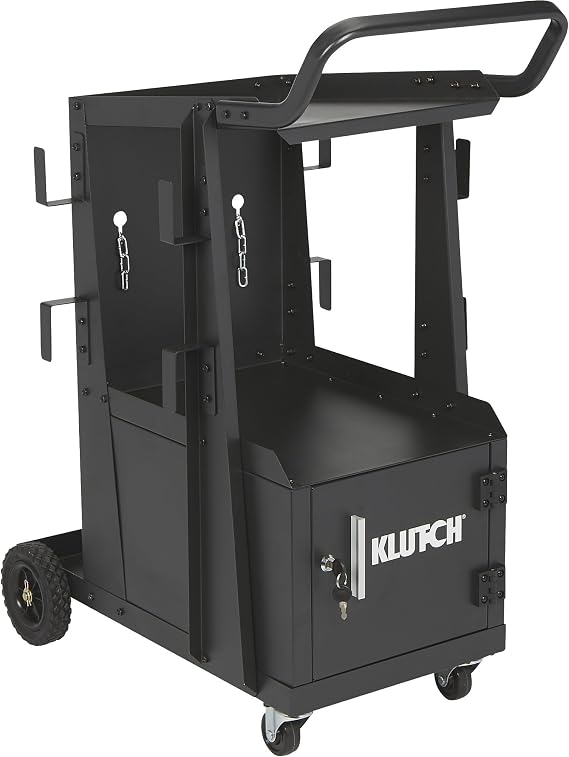 Klutch 2-Tier Welding Cart with Cabinet, 100-Lb., 31.5in.L x 16.1in.W | Gas-cylinder rack, cable wraps, swivel casters, stick/plasma-cutter compatibility, fabrication/repair versatility