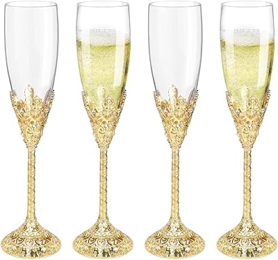 Crystal Champagne Flutes Set of 4, Glasses with Metal Base, Ideal for Weddings, Parties, Birthdays, and Special Events, 6 oz, Gold 4 count