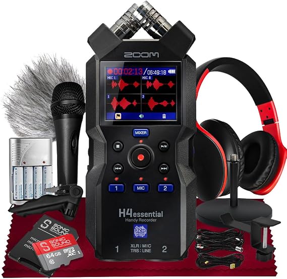 Zoom H4essential 4-Track Handy Recorder, 32-Bit Float, XY Mic, XLR/TRS Inputs, Accessibility w/ 64GD SD, Rechargeable Batteries, Mic Muff, Handheld Mic & More for Podcast, Music, Interviews