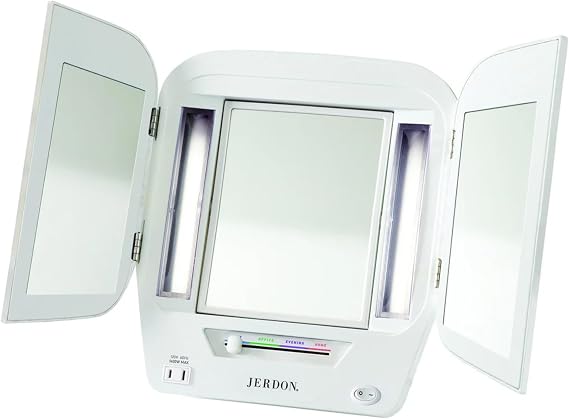 JERDON Tri-Fold Lighted Makeup Mirror with 5X Magnification Vanity Mirror with 4 Light Settings & Built-in Outlet Space-Saving Trifold Design, 22" x 12.5" Open Model JGL10W