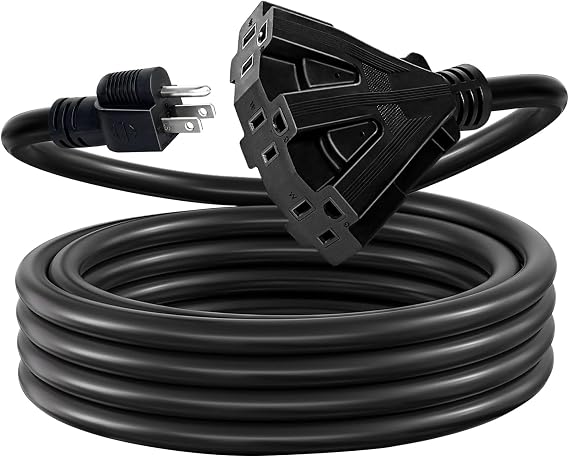 15 FT 12 Gauge 3 Outlet Outdoor Extension Cord 12/3 Heavy Duty Power Cord Waterproof 3 Way Triple Tap Extension Cord Splitter with 3 Prong Grounded Plug 15A 1875W 12AWG SJTW,UL Listed