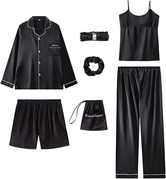 ANUFER Womens 7PCS Satin Pajama Set Spring Summer Autumn Tops & Pants Shorts Sleepwear