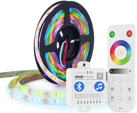 BTF-LIGHTING WS2812B RGB ECO LED Strip, Chasing Effects 5050SMD Individually Addressable 16.4FT 30Pixels/m 150Pixels IP65 DC5V,2.4GHz RF Remote RB3 & SP630E Bluetooth Controllers Kit(No Power Adapter)