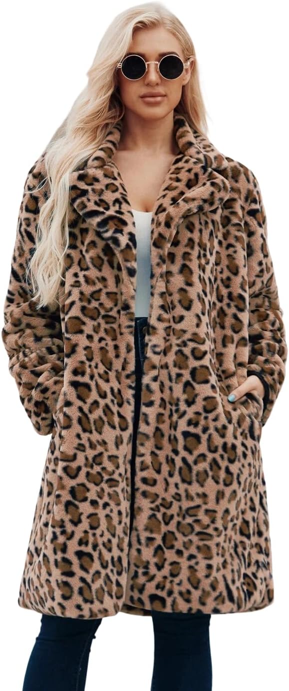 YUEWT174 Womens Leopard Print Coat, Long Length, Faux Fur Coat, Jacket, Fluffy, Loose, Cold Protection, Warm, Autumn, Leopard Print, Large Size