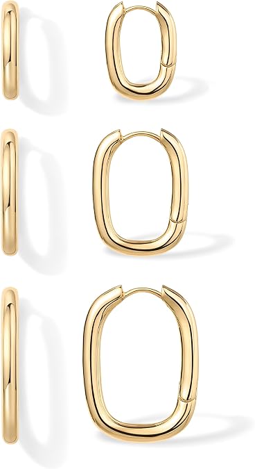 PAVOI 18K Gold Plated 925 Sterling Silver Posts Small Hoop Earrings for Women - Trendy Geometric Plain Chunky Huggie Earscape Piercing Pack - Hypoallergenic Everyday Gold Hoop Earrings Set