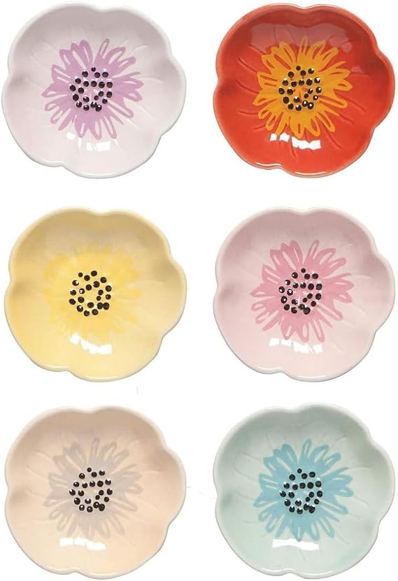 Now Designs Flower Shaped Ceramic Pinch Bowl Set, Soy Sauce Dish, Set of 6