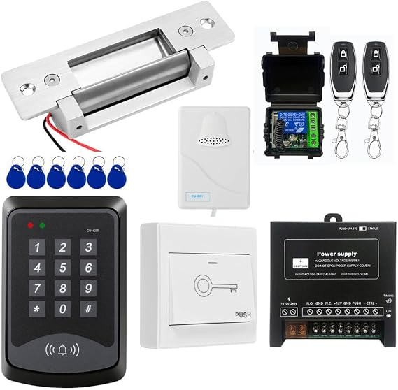 Door Access Control System RFID Keypad Electric Strike Lock Kit with Exit Button Doorbell Chime Remote Control